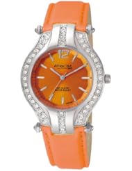 Q and Q Attractive ION-PLATED women Silver Case with rhinestones orange leather Band
