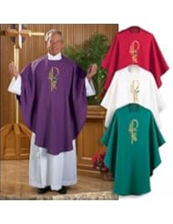 Single Detail Page Misc: Purple Cambridge Eucharistic Priest Chasuble, Material: 100% Polyester Size: Sleeve Length Is 21 3/8", You Wont Find a Better Value on Embroidered Chasubles! We Use Permanent Press 100% Polyester with a Special Weave That Keeps You Cool and Holds Its Shape. The Selection Includes White, Purple, Green, and Red Which Will Cover the Seasons Christmas, Pentecost, Epiphany, Lent, Advent, Confirmation, and Ordinary Time. Check It Out Feature for Feature... Reinforced Backing to Ensure Smooth Embroidery Design Beautifully Embroidered Chi Rho with Grapes and Wheat Design Back Length Measures 46" L Resists Wrinkling and Is Tailored for a Beautiful Drape Available in 4 Liturgical Colors, Includes Matching Inside Stole Dry Clean Only - LG001