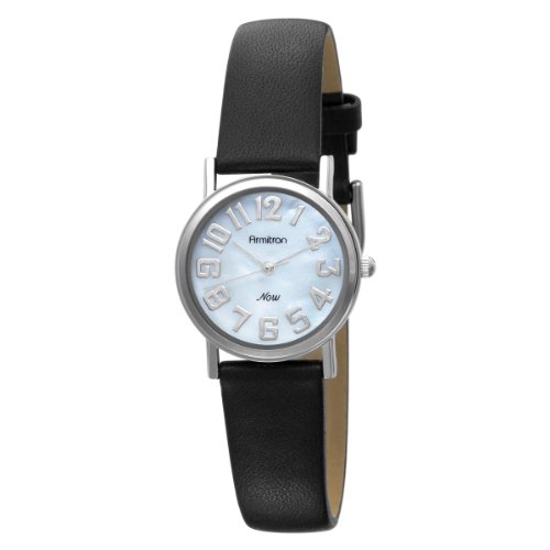 Armitron Women's 753695MPSVBK NOW Silver-Tone Easy to Read Black Leather Strap Dress Watch