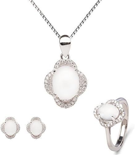 18K White Gold Plated Sterling Silver Natural White Jade Pendant Necklace, Rings, Earrings 18" YBJ-115