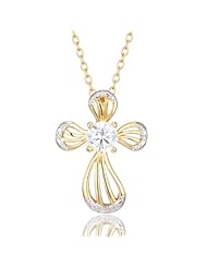 18k Gold Over Sterling Silver and Cubic Zirconia Modern Cross Pendant