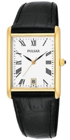 Pulsar Mens PXDA82 Gold Tone Stainless Steel Black Leather Strap Watch