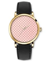 SPRAWL Aanalog Fashion Series Gold Ladies Watches of Genuine Black Leather Strap,Unique Wrist Watch for Women Girls Designed with Black spots on pink background