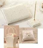 Embroidery Wedding Set: Guest Book, Pen Set, Ring Pillow, Basket – White