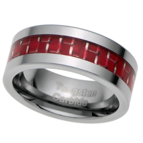 8MM Men's Tungsten Carbide Ring Wedding Band with Red Carbon Fiber Inlay (Available Sizes 5-13 including half sizes)