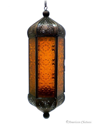 Bronze Hanging Amber Glass Moroccan Lantern Candle Lamp
