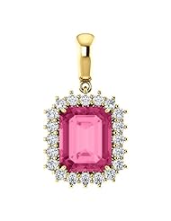 14K Yellow Gold 10.00x8.00mm Emerald Cut Pink Tourmaline and Diamond Pendant -- LIFETIME WARRANTY