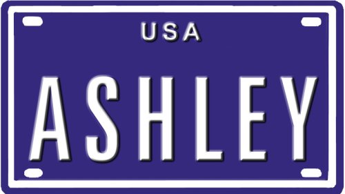 Ashley USA mini metal embossed license plate name for bikes, tricycles, wagons, kids doors, golf carts, baby strollers, pedal cars. Over 400 names available. Type in 