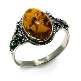 Certified Genuine Honey Amber and Sterling Silver Oval Ring, Sizes 5,6,7,8,9,10,11,12