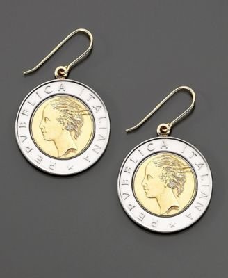 14k Two-Tone Gold Lira Coin Drop Earrings
