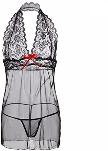 Women Sexy Tempting Exotic Lace Lingerie Set Costume Sleepwear G-string Set Conjoined Nightdress Transparent Pajamas Plus Size (Black)