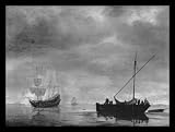 Simon de Vliegen (Frigate and fishing boat in calm seas) Black Wood-Mounted Art Poster Print - 11