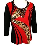 The Collective Works of Berek 3/4 Sleeve, Contoured Black and Red Sweater Accented With a Leopard Print Overlaid onto a Cotton  Rayon Blend Scoop Neck Design - Glowing Season