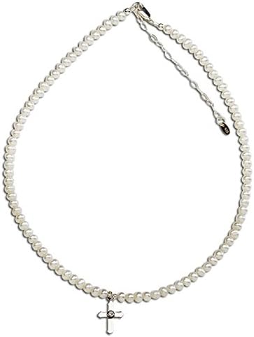 Girls Necklace, Beaded, Imitation Pearl Cross Necklace, Beaded Necklace with a delicate silver cross. Perfect for First Communion!