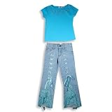 Beautiful Girl - Girls Short Sleeve Denim Pant Set, Turquoise, Blue