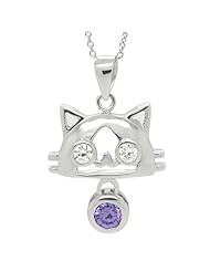 .925 Sterling Silver Cz Round Simulated Amethyst Gemstone Color Bezel Set Cute Cat Charm Pendant 18