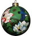 Hand Painted 3 Inch Glass Ball Tree Ornament Blue Bird with Lotus Flower