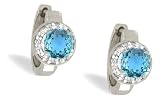 14K White Gold Genuine Round Blue Topaz and Diamond Huggy Earrings