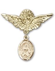 14K Gold Baby Badge with St. Julie Billiart Charm and Angel with Wings Badge Pin