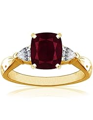 18K Yellow Gold Cushion Cut Ruby Three Stone Ring