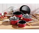 5 PIECE STRAIGHT RED PAN SET CHROME HANDLE & GLASS LIDS