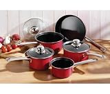 Review   / 5 Piece Straight Red Pan Set with Chrome Handles and Glass Lids