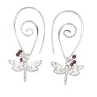 Decorative Swirl Hoop Earrings with Dragonflies and Garnet Gemstone Beads in Sterling Silver, 2 1/4" in Length, #7719