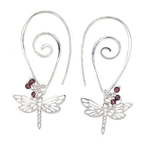 Decorative Swirl Hoop Earrings with Dragonflies and Garnet Gemstone Beads in Sterling Silver, 2 1/4" in Length, #7719