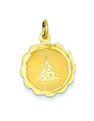 14K Yellow Gold Merry Christmas Tree Disc Charm Pendant