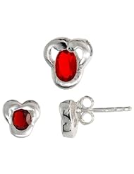 Sterling Silver Matte-finish Fancy Stud Earrings (7mm tall) & Pendant Slide (9mm tall) Set, w/ Oval Cut Ruby-colored CZ Stones