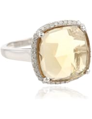 Sterling Silver Whiskey Quartz and Diamond Cushion Cut Ring, Size 7