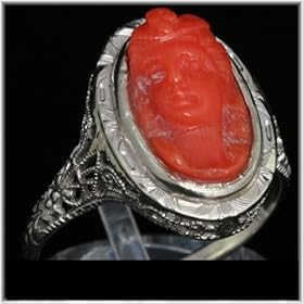 14k White Gold Filigree Como Coral Cameo Antique Ring by