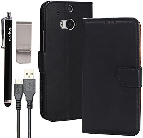 M8 Case, Obring HTC ONE M8 Case Wallet Leather Drop Protection Built-in Anti fingerprint ID Card Slot and Money Pocket sell with Money Clip & 2.0 Charger Cable (HTC One M8, Black)