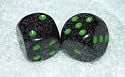 Rare Vintage Black With Green Dots Speckled French Bakelite Dice Pair