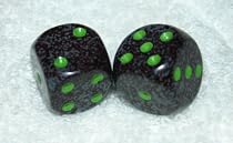 Rare Vintage Black With Green Dots Speckled French Bakelite Dice Pair