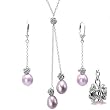 Lavender Isabella Cultured Pearl Drop Rose Lariat and Dangle Earrings Set in Platinum Overlay CAREFREE Sterling Silver