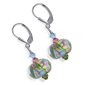 SCER123 Majestic Blown Glass Swarovski Crystal Sterling Silver Leverback 1.5" Long Dangle Earrings