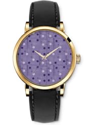 SPRAWL Aanalog Fashion Series Gold Ladies Watches of Genuine Black Leather Strap,Unique Wrist Watch for Women Girls Designed with Purple and white stars