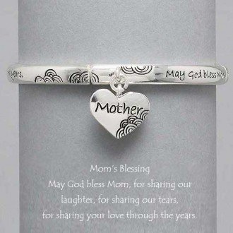 Silver Mom’s Blessing Bangle Bracelet. Stretchable. 3/4″ High. Bookmark Included. “May God Bless Mom, for Sharing Our Laughter, for Sharing Our Tears, for Sharing Your Love Through the Years.” Great Gift for Mother’s Day.