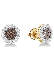 14K Yellow and White Two 2 Tone Gold Round Brilliant Cut Chocolate Brown and White Diamond - Flower Shape Invisible & Channel Set Studs Earrings with Secure Screw Back Closure - (1.53 cttw.)