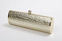 Light gold shiny mock croc finish long barrel style clutch bag with diamante ball closure