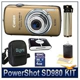 Canon Powershot SD980IS Gold 12MP Digital ELPH Camera with 5x Ultra Wide Angle Optical Image Stabilized Zoom and 3-inch LCD Bundle w/ 4GB SD Memory Card, Reader, Case, Tripod and Lens Cleaning Kit