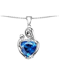Original Star K (tm) Large Loving Mother With Child Pendant With 12mm Heart Shape Simulated Blue Topaz in 925 Sterling Silver