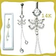 14k Gold Belly Ring Butterfly Design with Clear CZ / Dangle - Sold Individually