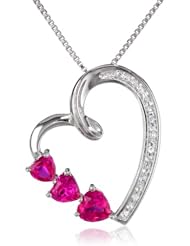 XPY Sterling Silver Graduated Ruby and White Sapphire in Heart Pendant Necklace, 18"