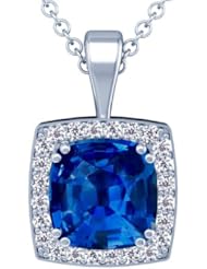14K White Gold Cushion Cut Blue Sapphire And Round Diamond Pendant
