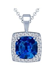 18K White Gold Cushion Cut Blue Sapphire And Round Diamond Pendant