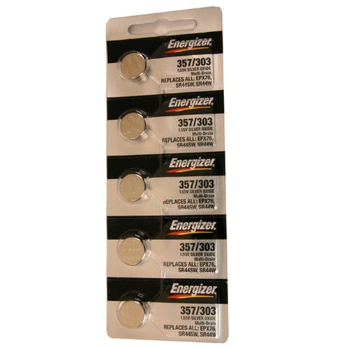 Energizer 357 or 303 Button Cell Silver Oxide SR44W 357 Watch Battery Pack of 5 Batteries