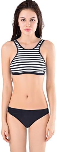 COOCEO Women's High Neck Black and White Stripe Bikini Set Swimsuit