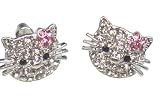 Dazzling Crystal Kitty Stud Earrings with Pink Flower Silver 1/2